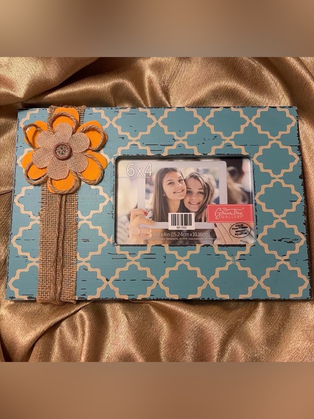 Hobby Lobby Blue Pattern Frame with Yellow Burlap Flower Accent